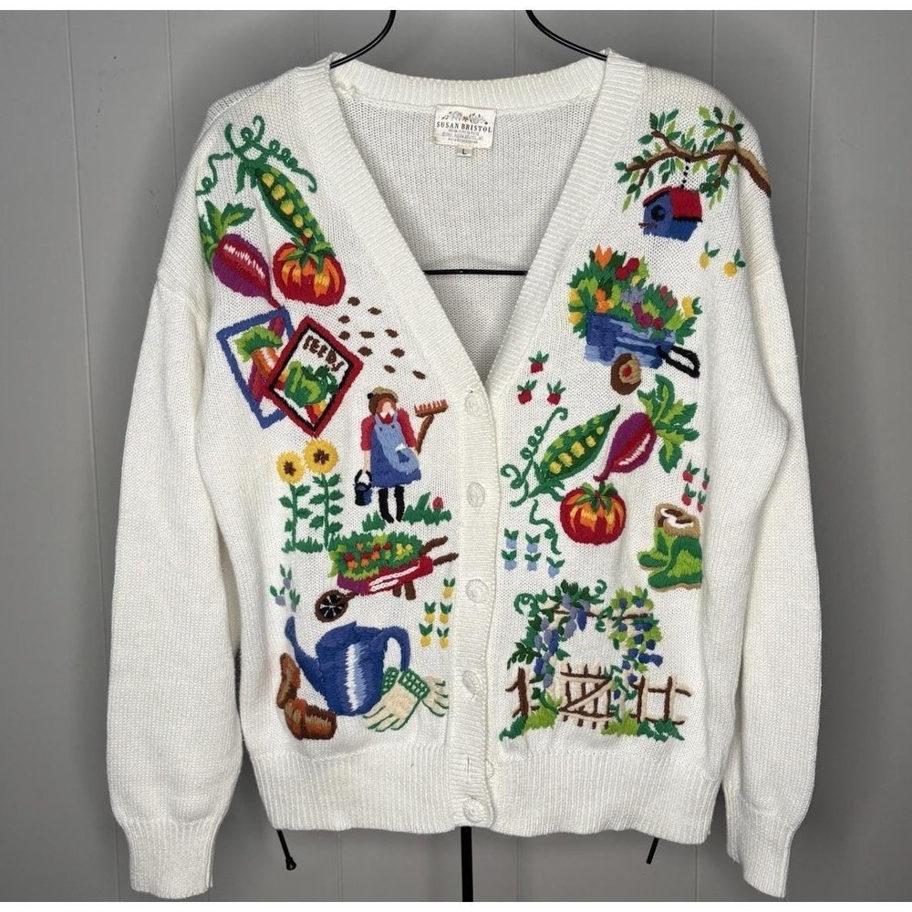 Vintage Susan Bristol Novelty Garden Vegetables Embroidered Knit Sweater Sz L